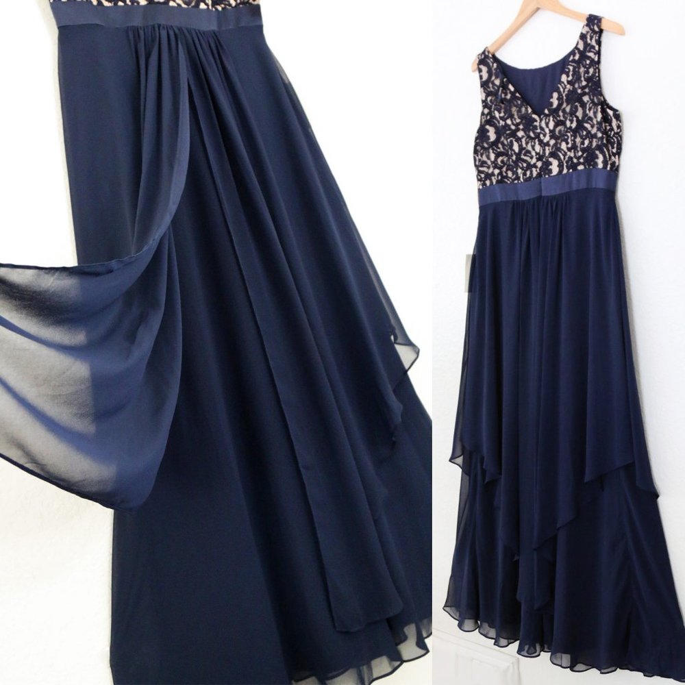 NEW Eliza J. Navy Blue Lace and Chiffon Gown Modest Prom Maxi Dress Size 14 $219 - Picture 12 of 16
